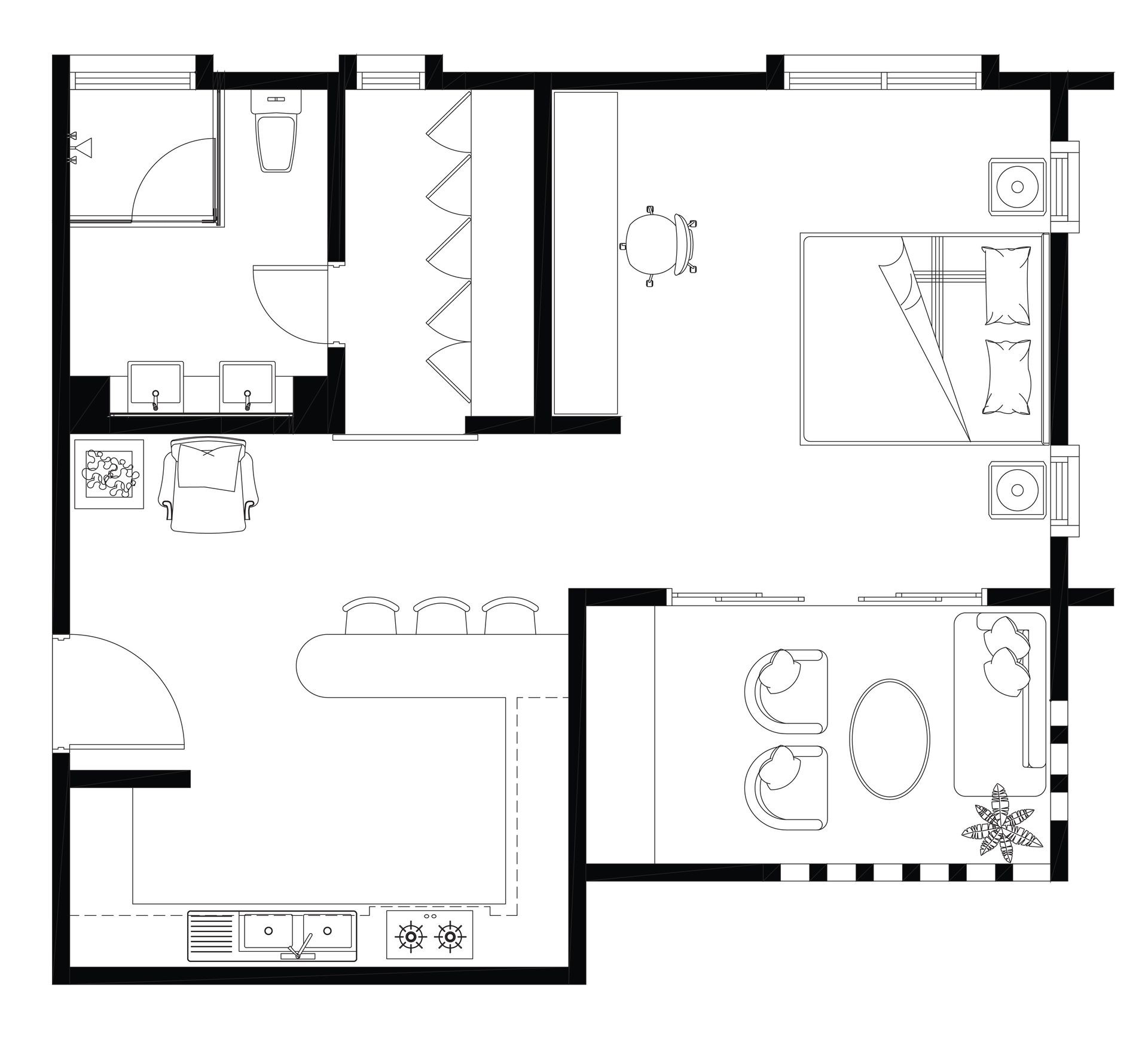 Architectural floor plan of an apartment with bedroom, living area, kitchen, and bathroom.