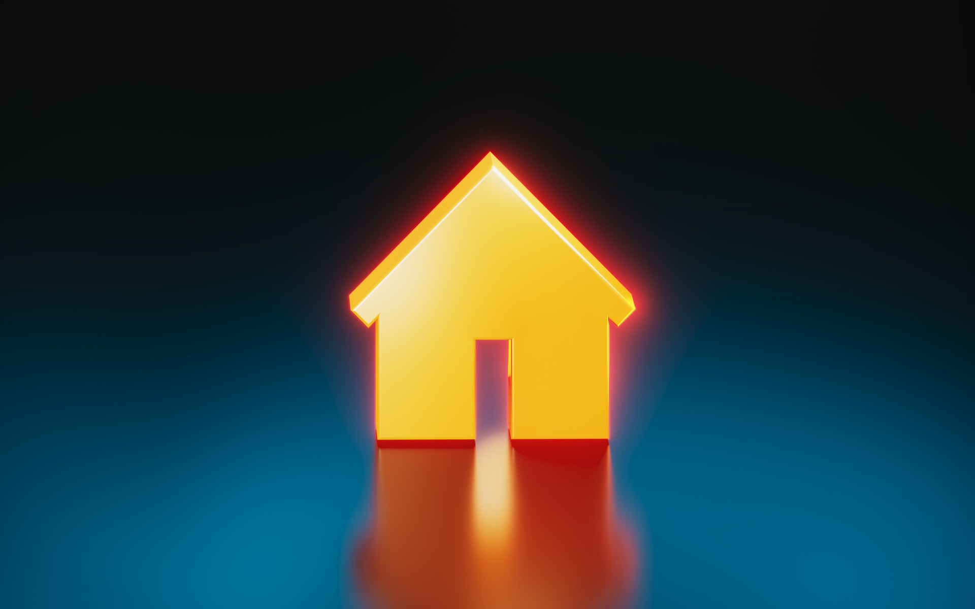 Glowing Orange House Symbol  Blue Background